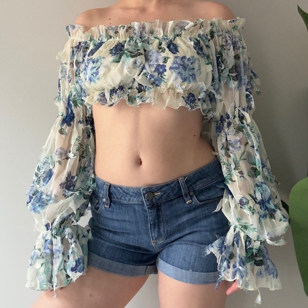 Shein Floral Off-Shoulder Ruffle Top Long Sleeve Cropped Crop Frilly Spring EUC - Picture 12 of 12